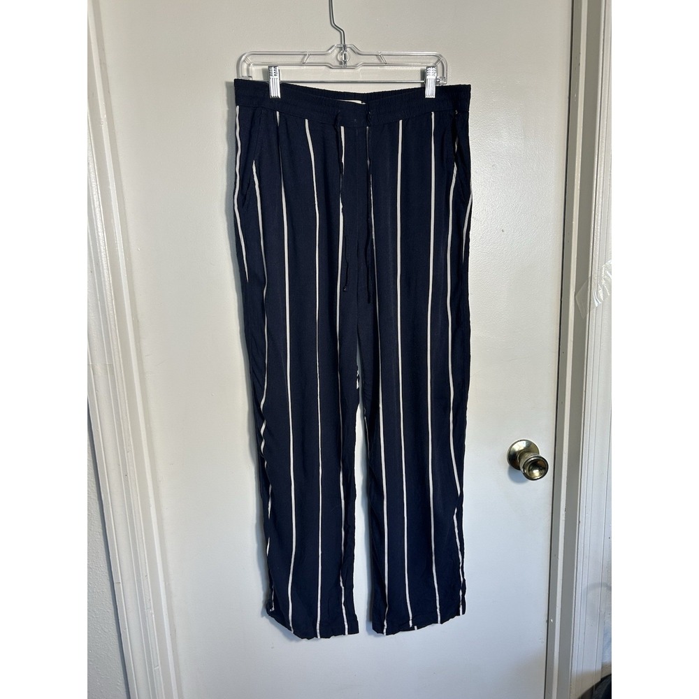 H&M L.O.G.G. Women's Navy Blue White Striped Wide Leg Linen Blend Pants Size 12 - Picture 2 of 9